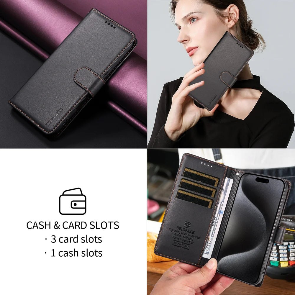 BETOPNICE for Samsung Galaxy A57 5G 006 Case RFID Blocking Wallet Stand Leather Phone Cover with Wrist Strap - Black - 7