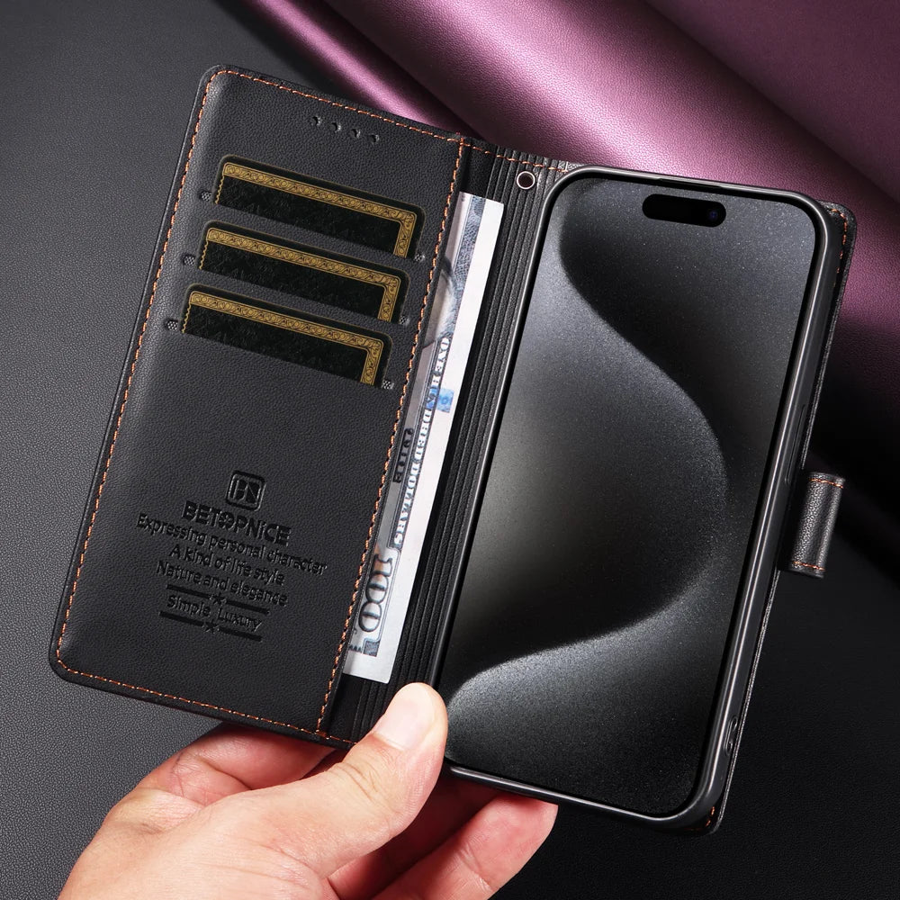 BETOPNICE for Samsung Galaxy A17 4G / Galaxy A16 4G / Galaxy A16 5G / Galaxy A18 5G / Galaxy A18 4G / Galaxy A17 5G 006 Case RFID Blocking Wallet Stand Leather Phone Cover with Wrist Strap - Black - 4
