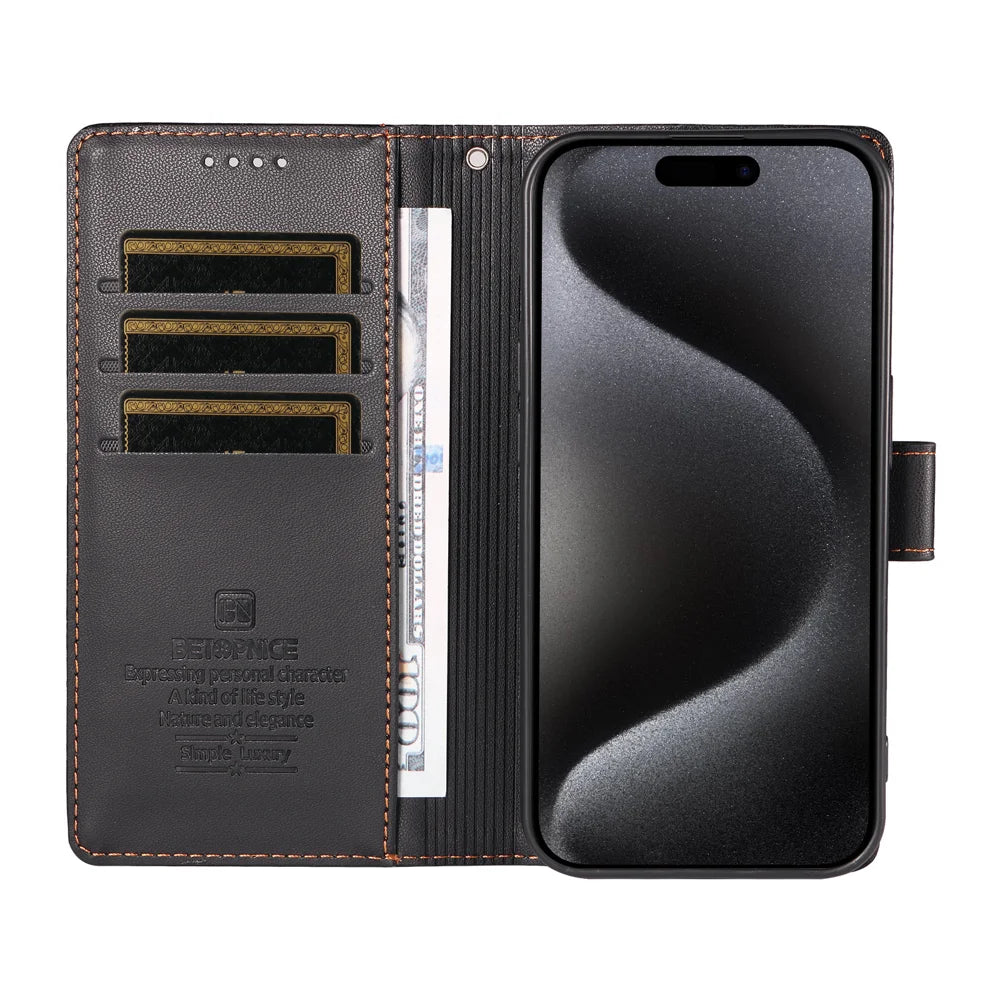 BETOPNICE for Samsung Galaxy A36 5G / Galaxy A37 5G 006 Case RFID Blocking Wallet Stand Leather Phone Cover with Wrist Strap - Black - 5