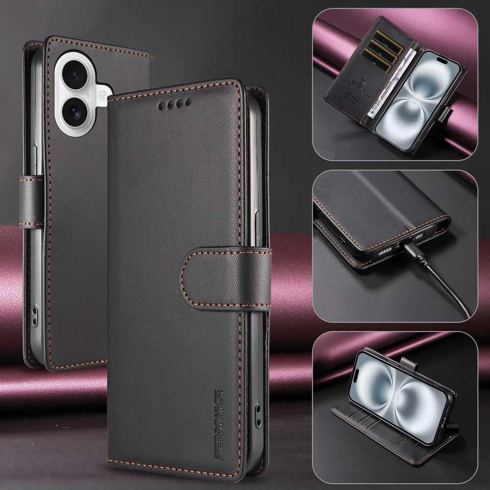 BETOPNICE for iPhone 16 Plus 006 Case RFID Blocking Wallet Stand Leather Phone Cover with Wrist Strap - Black - 2