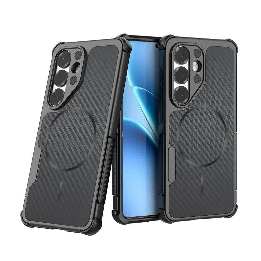 For Samsung Galaxy S26 Magnetic Case Carbon Fiber Texture PC + TPU Corner Protection Phone Cover - Black - 5