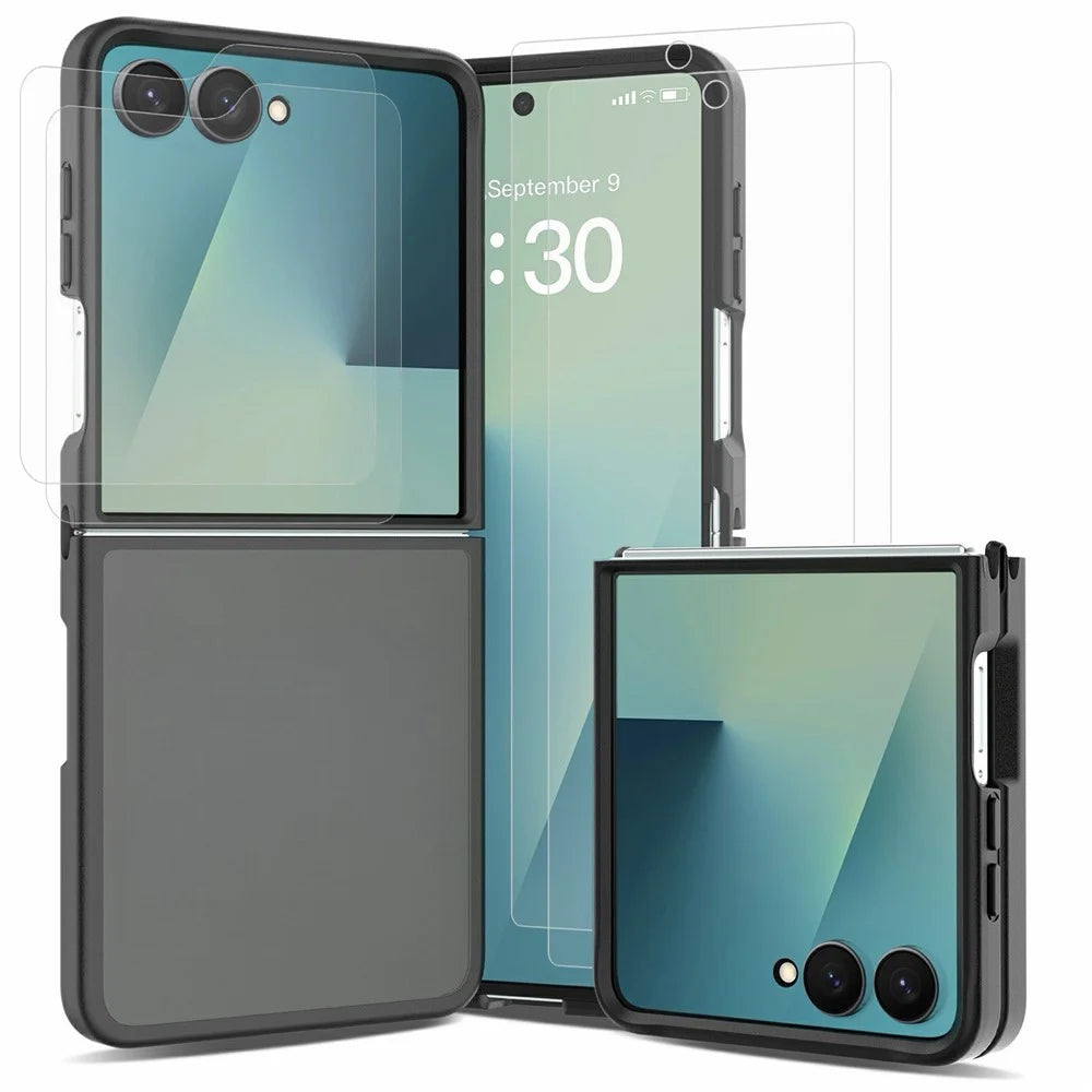 For Samsung Galaxy Z Flip8 Case TPU + Acrylic Skin-Feel Phone Cover with 2Pcs Outer Screen Tempered Glass Film + 2Pcs Inner Screen Hydrogel Film - Black - 1