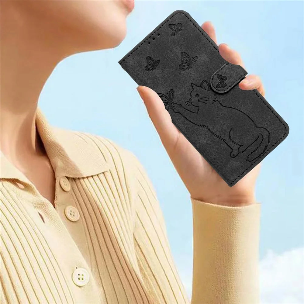 For iPhone 17e  /  16e Wallet Case Imprinted Cat Butterfly Leather Phone Cover with Wrist Strap - Black - 6