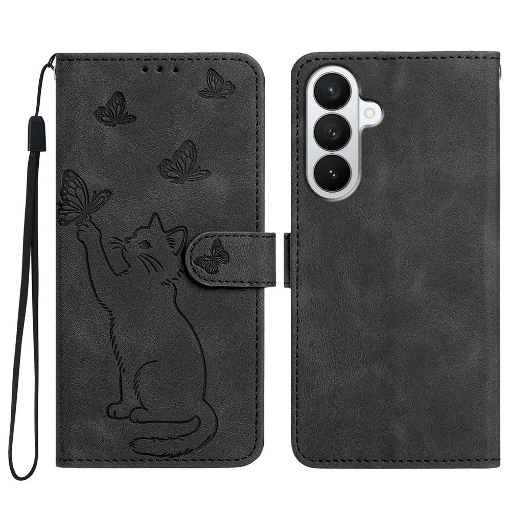 For Samsung Galaxy S26 FE Wallet Case Imprinted Cat Butterfly Leather Phone Cover with Wrist Strap - Black - 1
