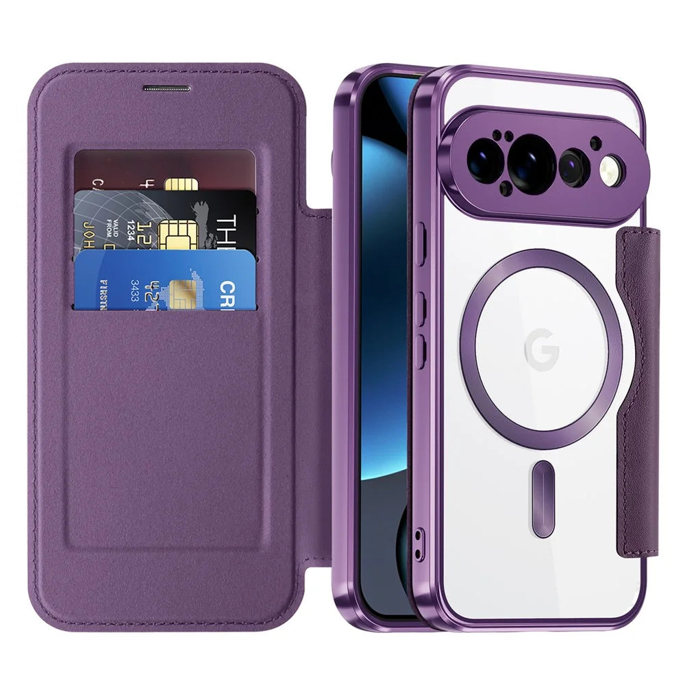 For Google Pixel 11 Pro Magnetic Case RFID Blocking Card Holder Rhombus PU Leather Phone Cover with Lens Film - Dark Purple - 2