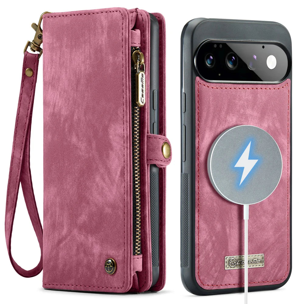 CASEME for Google Pixel 11 Pro / Google Pixel 11 008 Phone Cases Leather Cover with Detachable Wallet and Strap - Red - 2