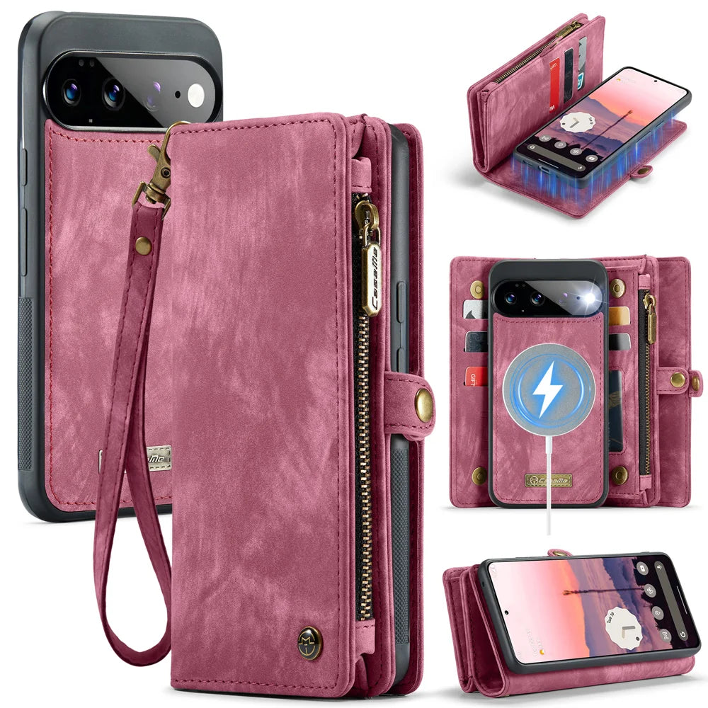 CASEME for Google Pixel 11 Pro XL 008 Phone Cases Leather Cover with Detachable Wallet and Strap - Red - 1