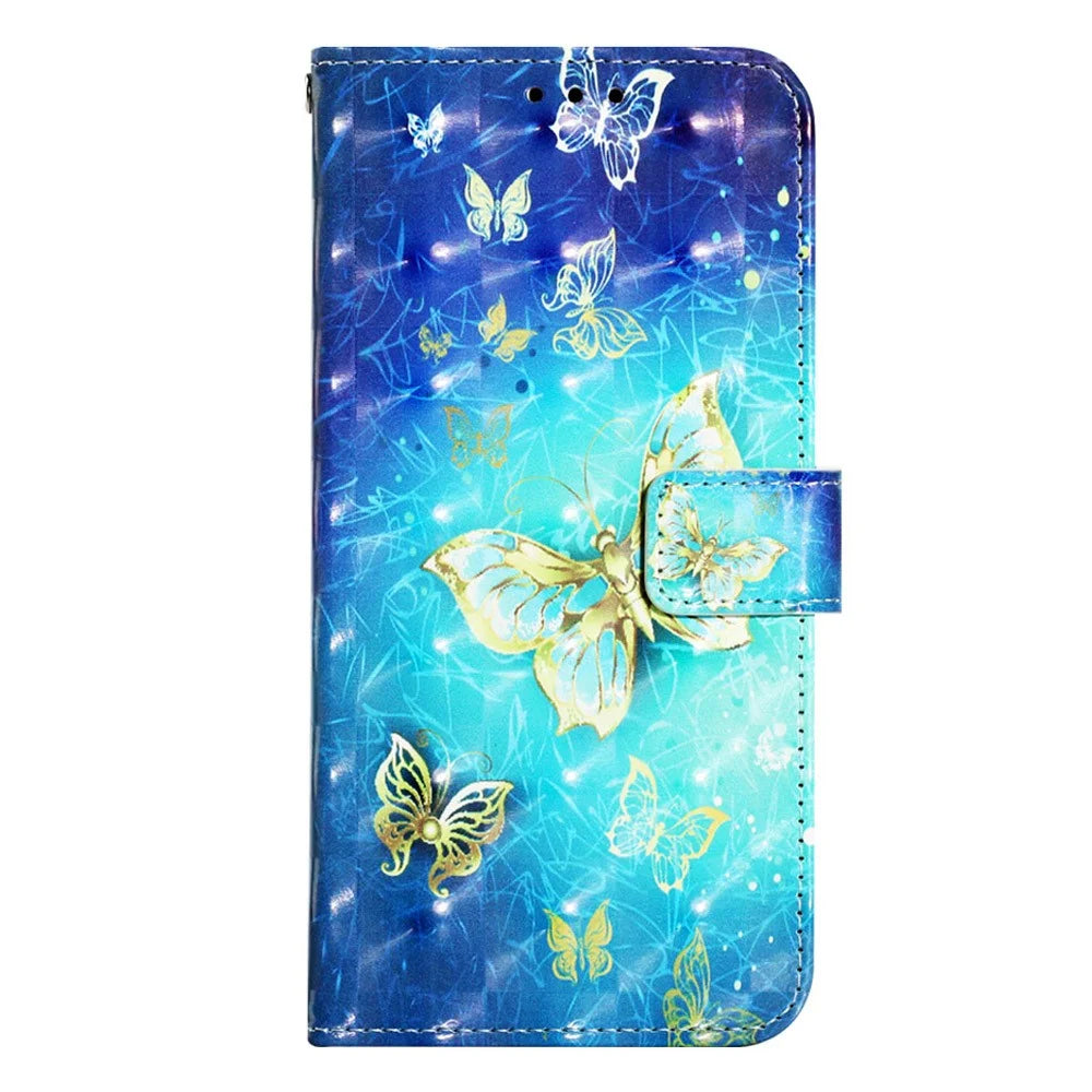 For Samsung Galaxy A14 5G / A14 4G Leather Case 3D Pattern Printing Wallet Stand Mobile Cover with Strap - Golden Butterflies - 6