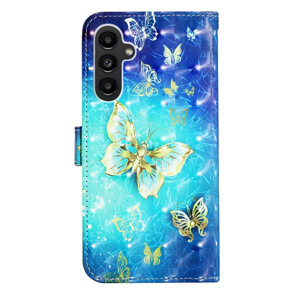 For Samsung Galaxy A14 5G / A14 4G Leather Case 3D Pattern Printing Wallet Stand Mobile Cover with Strap - Golden Butterflies - 7