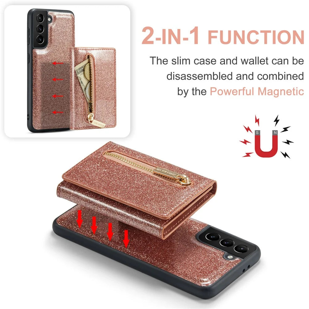 DG.MING M3 Series For Samsung Galaxy S21+ 5G 2-in-1 Glittery PU Leather Coated PC+TPU Back Case Magnetic Detachable Zipper Wallet Scratch-proof Phone Cover with Kickstand - Rose Gold - 6
