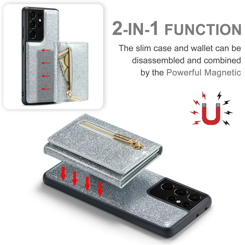 DG.MING M3 Series For Samsung Galaxy S21 Ultra 5G Glitter Sparkly Magnetic Detachable Zipper Pocket Cover Kickstand PU Leather Coated PC+TPU Protective Phone Case - Silver - 6