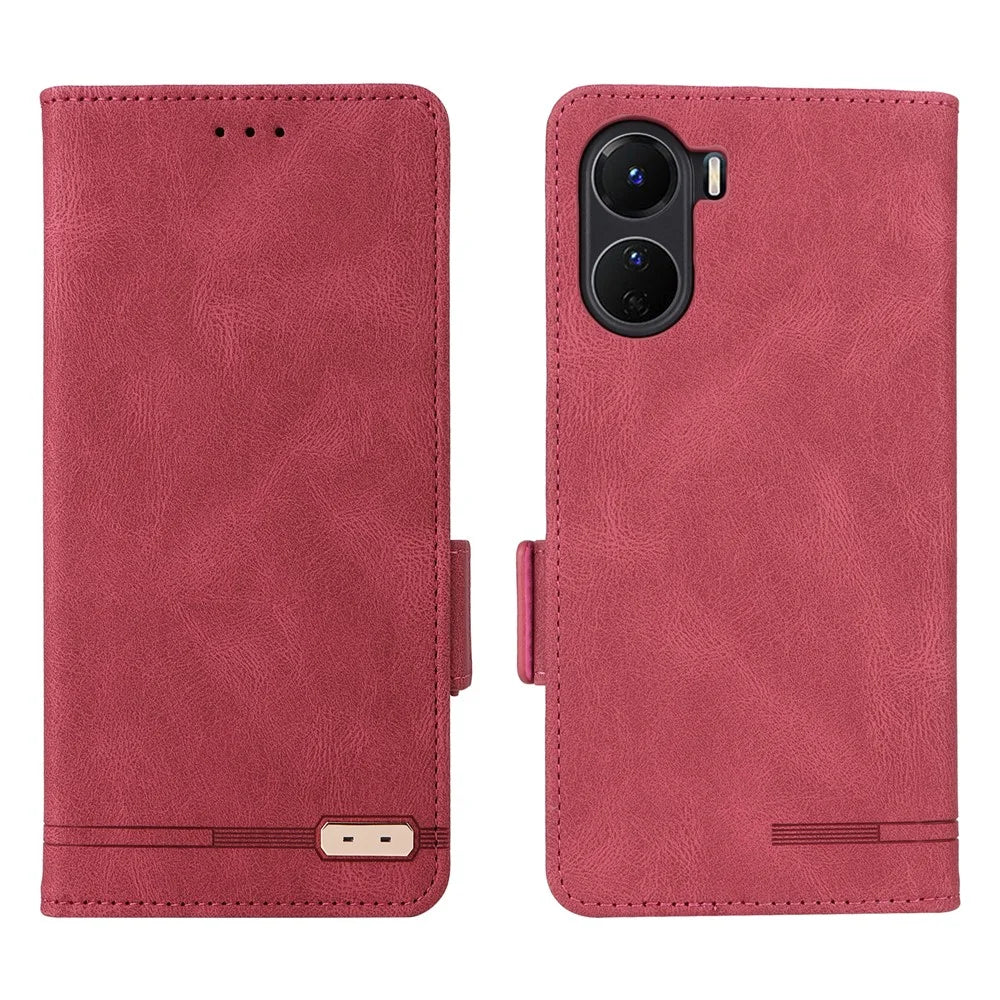 For vivo Y16 4G PU Leather Anti-drop Case Hardware Decor Dual Magnetic Clasp Wallet Stand Phone Cover - Rose - 1