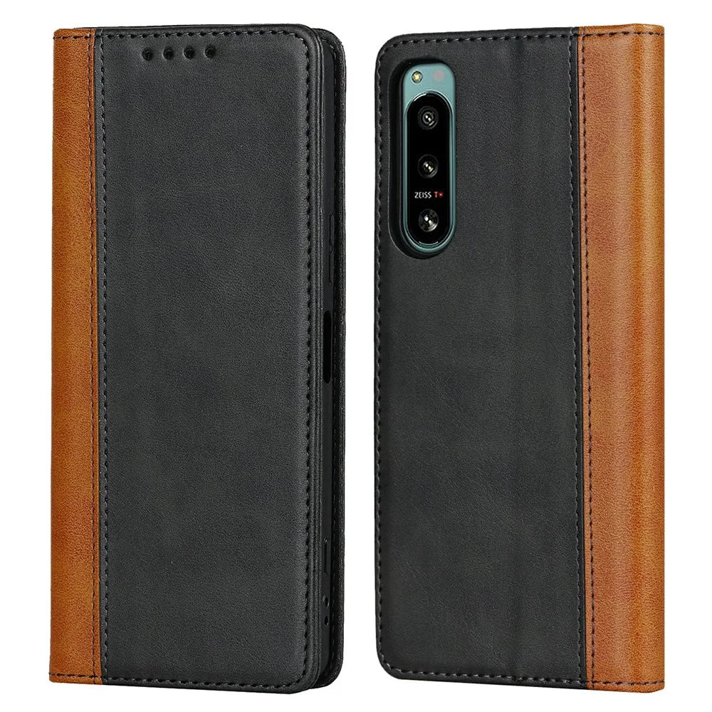 Anti-fall PU Leather Phone Case For Sony Xperia 5 IV 5G Magnetic Absorption Calf Texture Bi-color Splicing Stand Wallet Flip Phone Cover -  Black  /  Yellow - 1