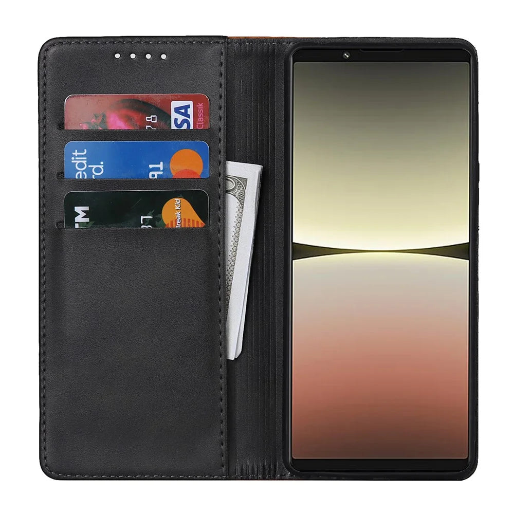 Anti-fall PU Leather Phone Case For Sony Xperia 5 IV 5G Magnetic Absorption Calf Texture Bi-color Splicing Stand Wallet Flip Phone Cover -  Black  /  Yellow - 2