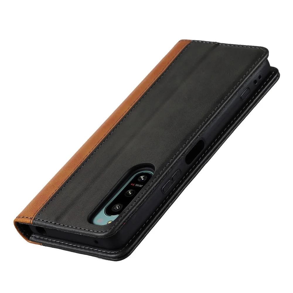 Anti-fall PU Leather Phone Case For Sony Xperia 5 IV 5G Magnetic Absorption Calf Texture Bi-color Splicing Stand Wallet Flip Phone Cover -  Black  /  Yellow - 5