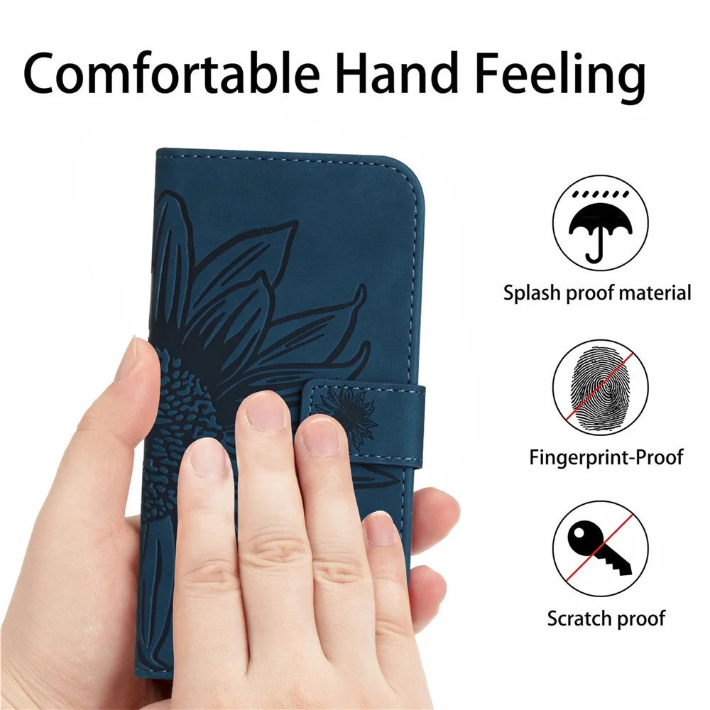 For Samsung Galaxy A34 5G HT04 Sunflower Imprinted Flip Phone Wallet Case Skin-Touch PU Leather Stand Magnetic Anti-drop Phone Cover with Hand Strap - Dark Blue - 4