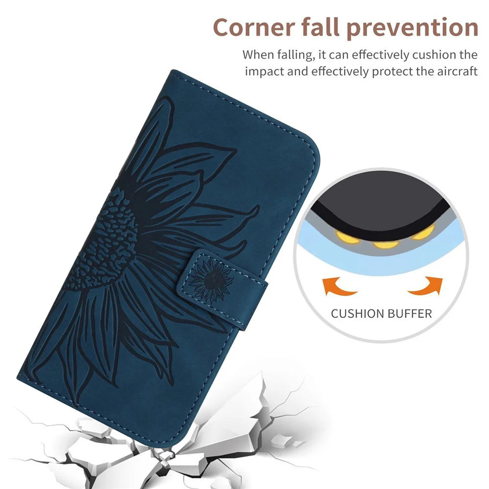 For Samsung Galaxy A34 5G HT04 Sunflower Imprinted Flip Phone Wallet Case Skin-Touch PU Leather Stand Magnetic Anti-drop Phone Cover with Hand Strap - Dark Blue - 5