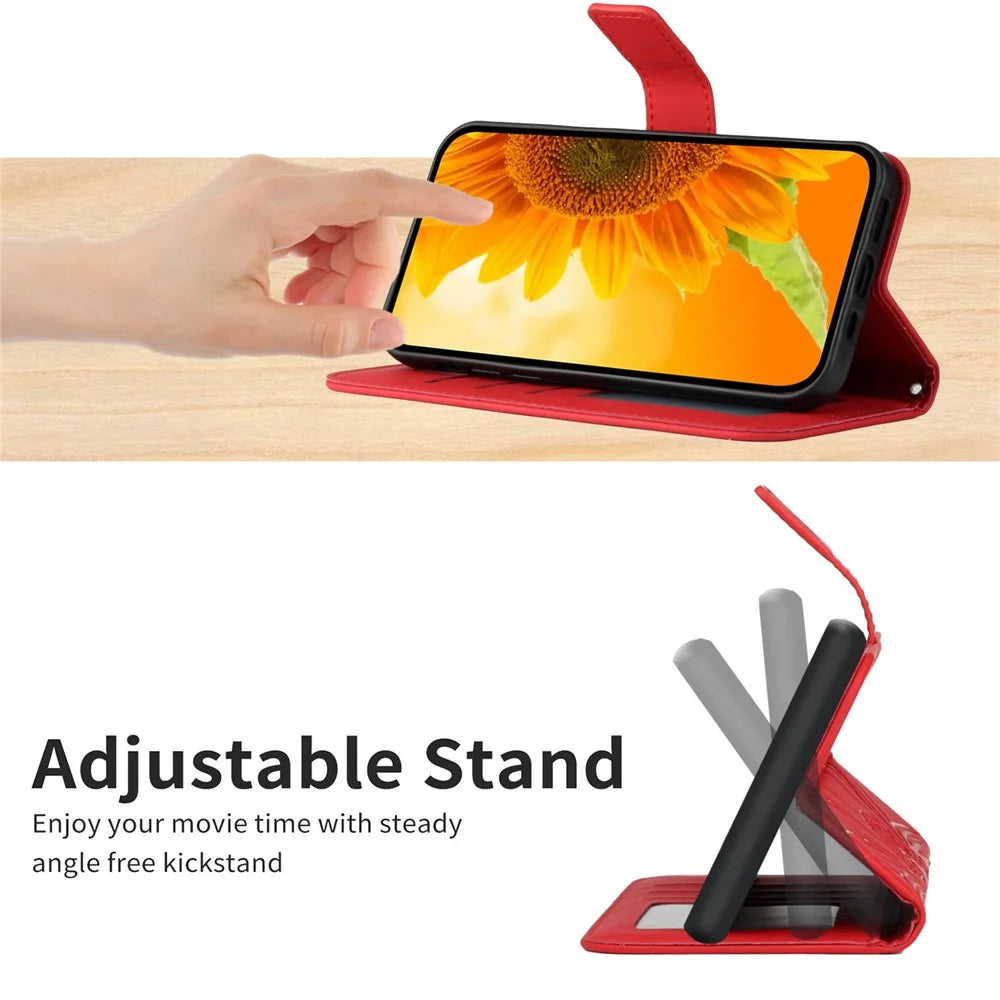 HT04 Sunflower Imprinted Phone Case for Samsung Galaxy A34 5G, PU Leather Wallet Stand Skin-touch Shockproof Phone Cover with Shoulder Strap - Red - 7