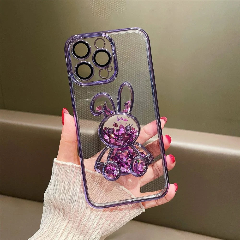 For iPhone 14 Pro Max Cute Quicksand Rabbit Phone Case Electroplating Clear TPU Protective Cover with Tempered Glass Lens Film - Black - 2