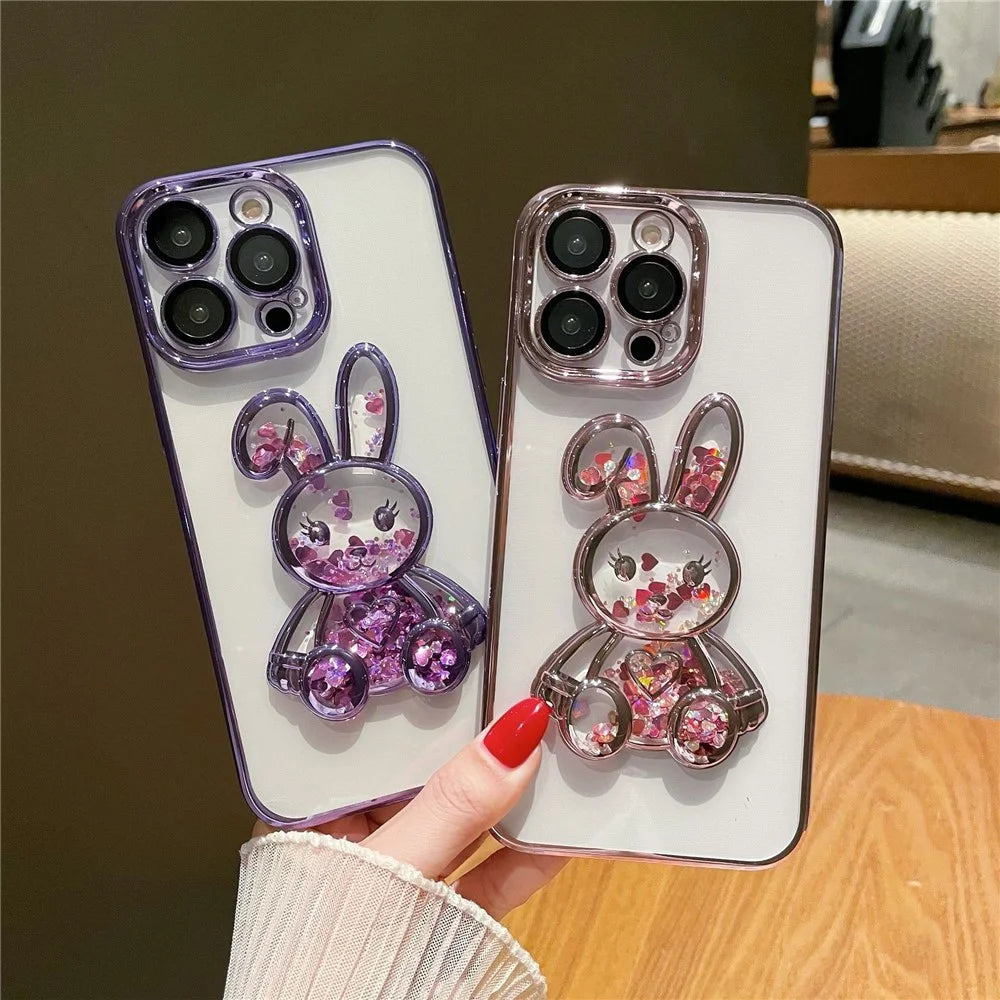 For iPhone 14 Pro Max Cute Quicksand Rabbit Phone Case Electroplating Clear TPU Protective Cover with Tempered Glass Lens Film - Black - 4