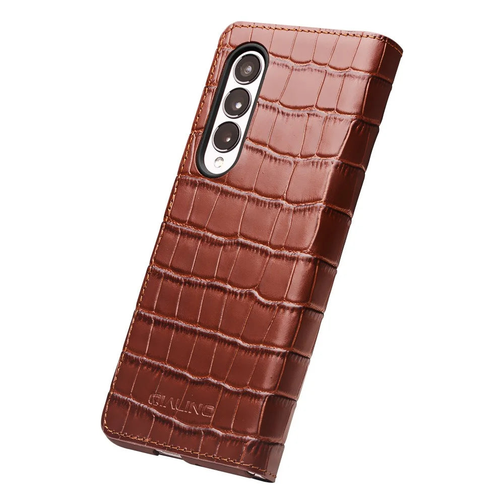 QIALINO Crocodile Texture Phone Case for Samsung Galaxy Z Fold4 5G, Business Style Shockproof Cowhide Leather Phone Cover - Brown - 5
