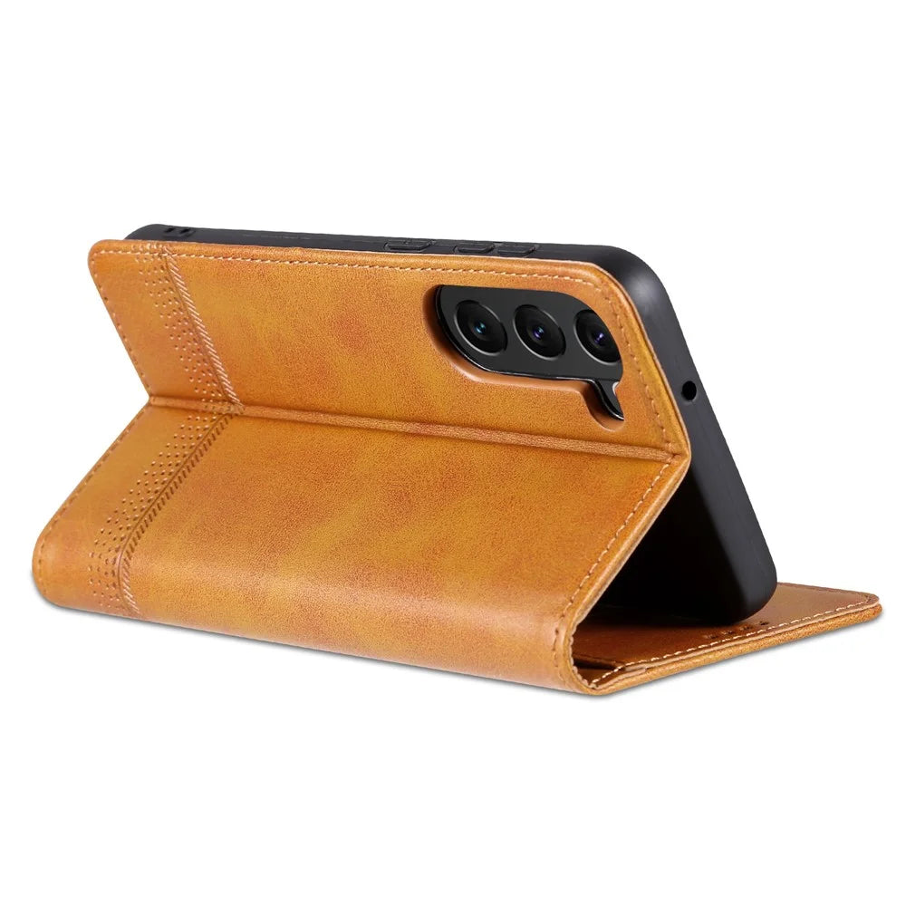 AZNS For Samsung Galaxy S23+ Cowhide Texture Phone Case PU Leather Adjustable Stand Wallet Magnetic Auto-absorbed Cover - Brown - 4