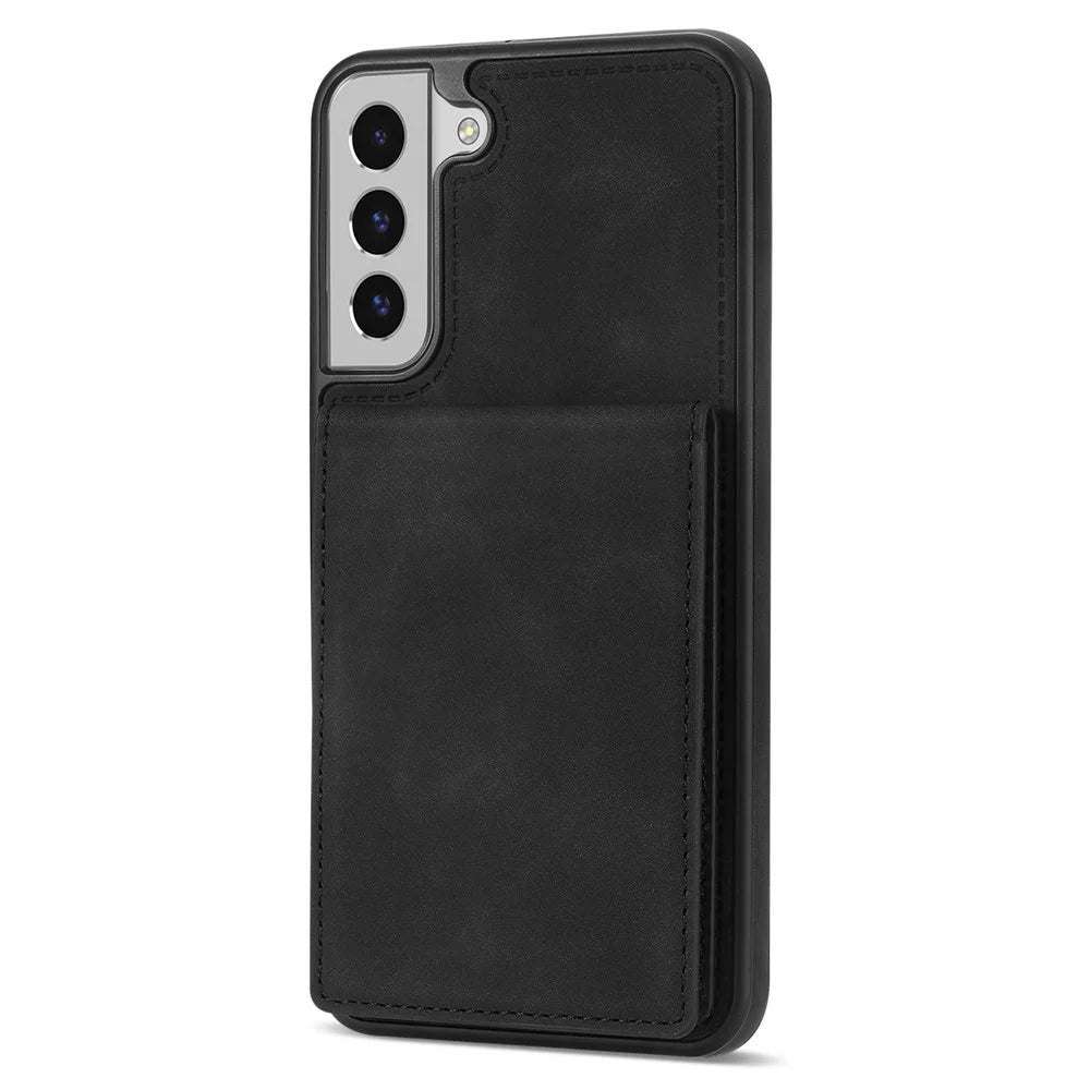 Solid Color Phone Case for Samsung Galaxy S23, Kickstand Design Back Cover RFID Blocking Multiple Card Slots Vertical Flip PU Leather Coated TPU Shell - Black - 6