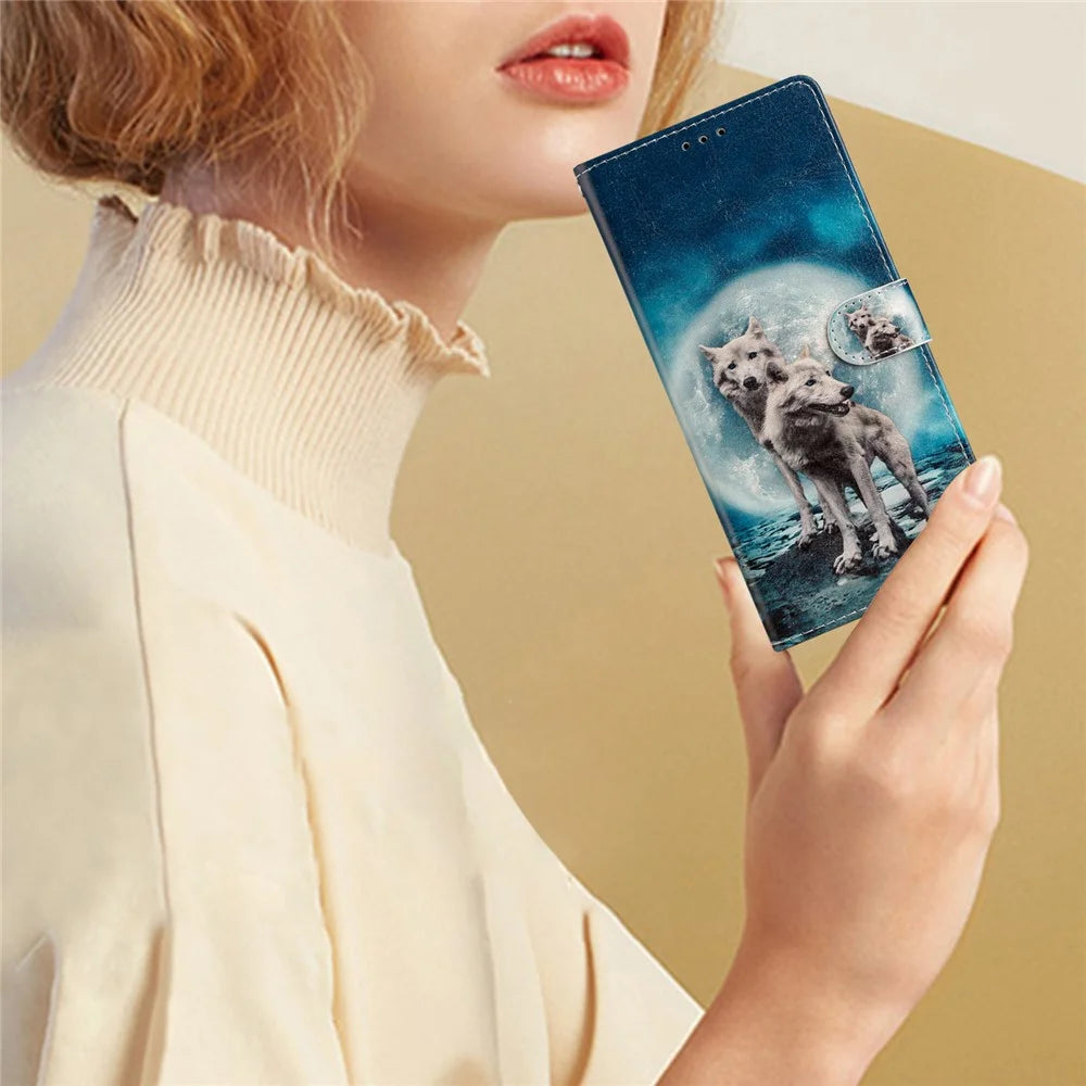 For Samsung Galaxy A34 5G Pattern Printing PU Leather Wallet Case Stand Magnetic Clasp Shockproof Folio Phone Cover with Strap - Two Wolves - 5