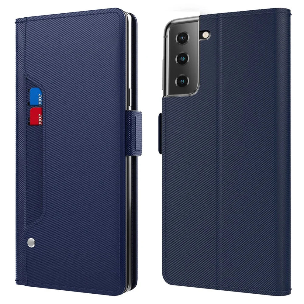 Drop-proof PU Leather Phone Case For Samsung Galaxy S22+ 5G, Card Holder Stand Dual Magnetic Clasp Flip Phone Cover with Makeup Mirror - Blue - 1