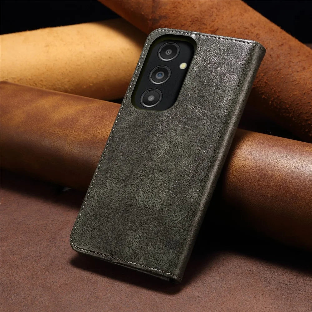 For Samsung Galaxy A14 5G / 4G Waxy Crazy Horse Texture Phone Case Magnetic Auto-absorbed PU Leather Stand Wallet Cover - Green - 6
