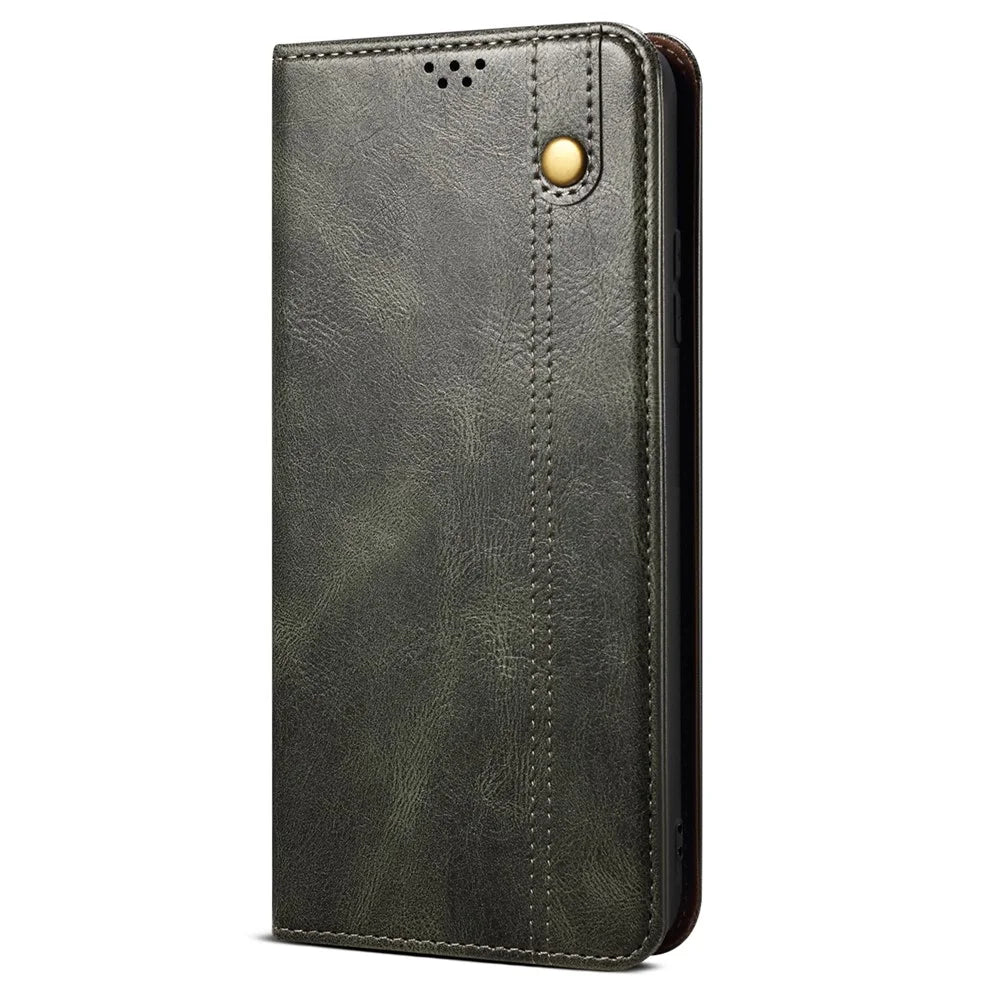 For Samsung Galaxy A14 5G / 4G Waxy Crazy Horse Texture Phone Case Magnetic Auto-absorbed PU Leather Stand Wallet Cover - Green - 7
