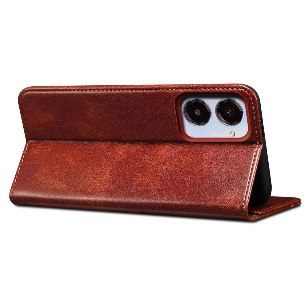 For Realme 10 4G Waxy Crazy Horse Texture Stand Wallet Case PU Leather Magnetic Auto-absorbed Folio Flip Phone Cover - Brown - 3