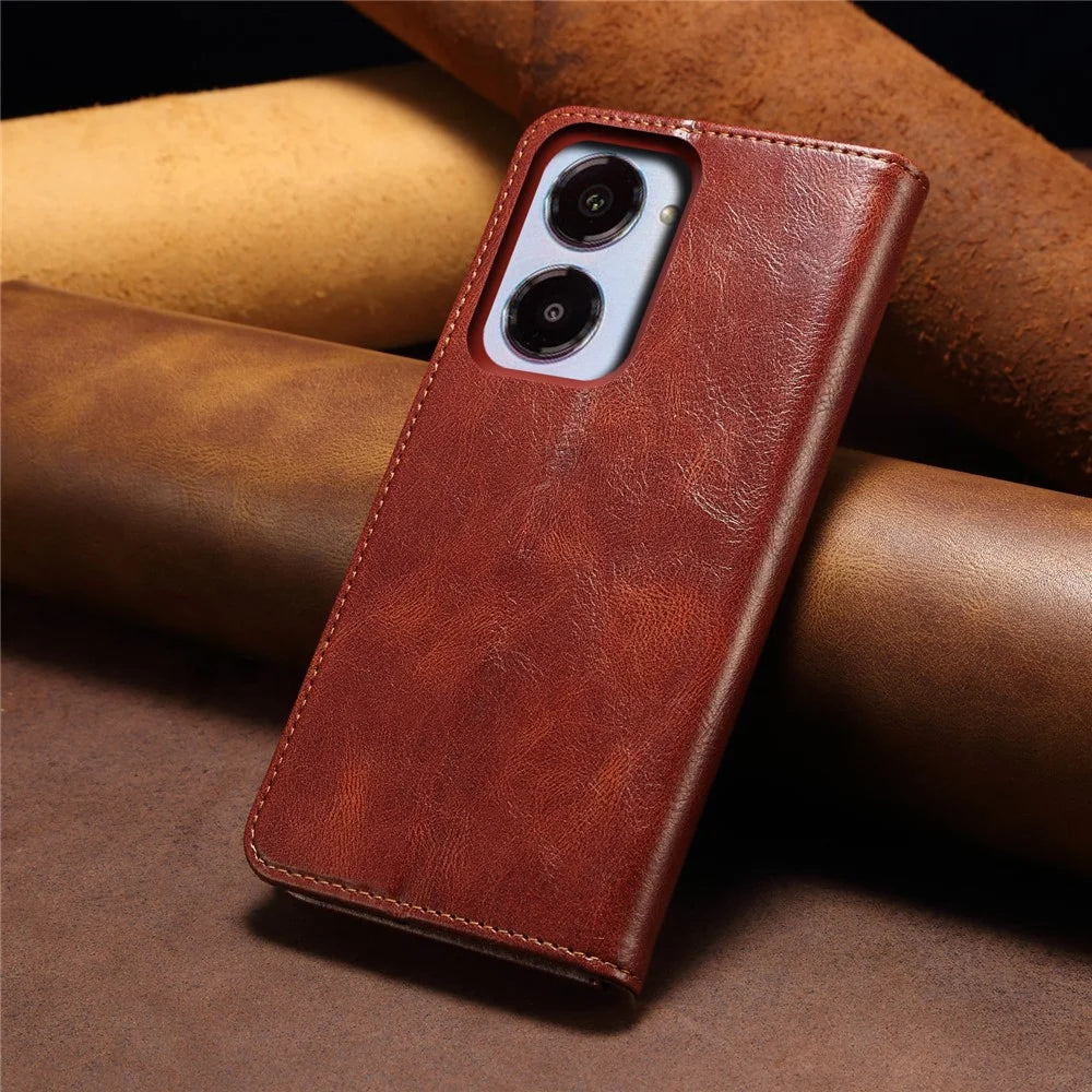 For Realme 10 4G Waxy Crazy Horse Texture Stand Wallet Case PU Leather Magnetic Auto-absorbed Folio Flip Phone Cover - Brown - 7