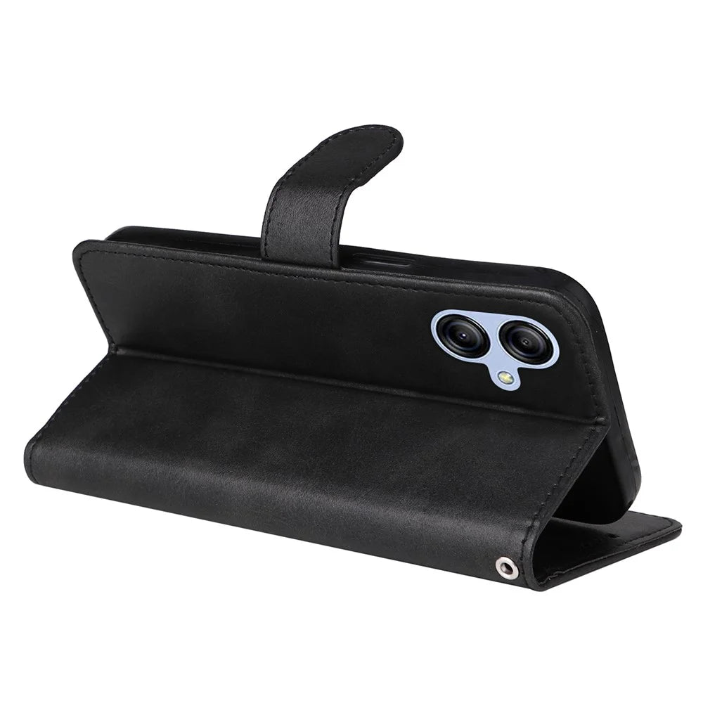 For Samsung Galaxy A04e 4G / F04 4G / M04 4G Magnetic PU Leather Phone Cover Stand Anti-scratch Calf Texture Folio Wallet Phone Case with Strap - Black - 4