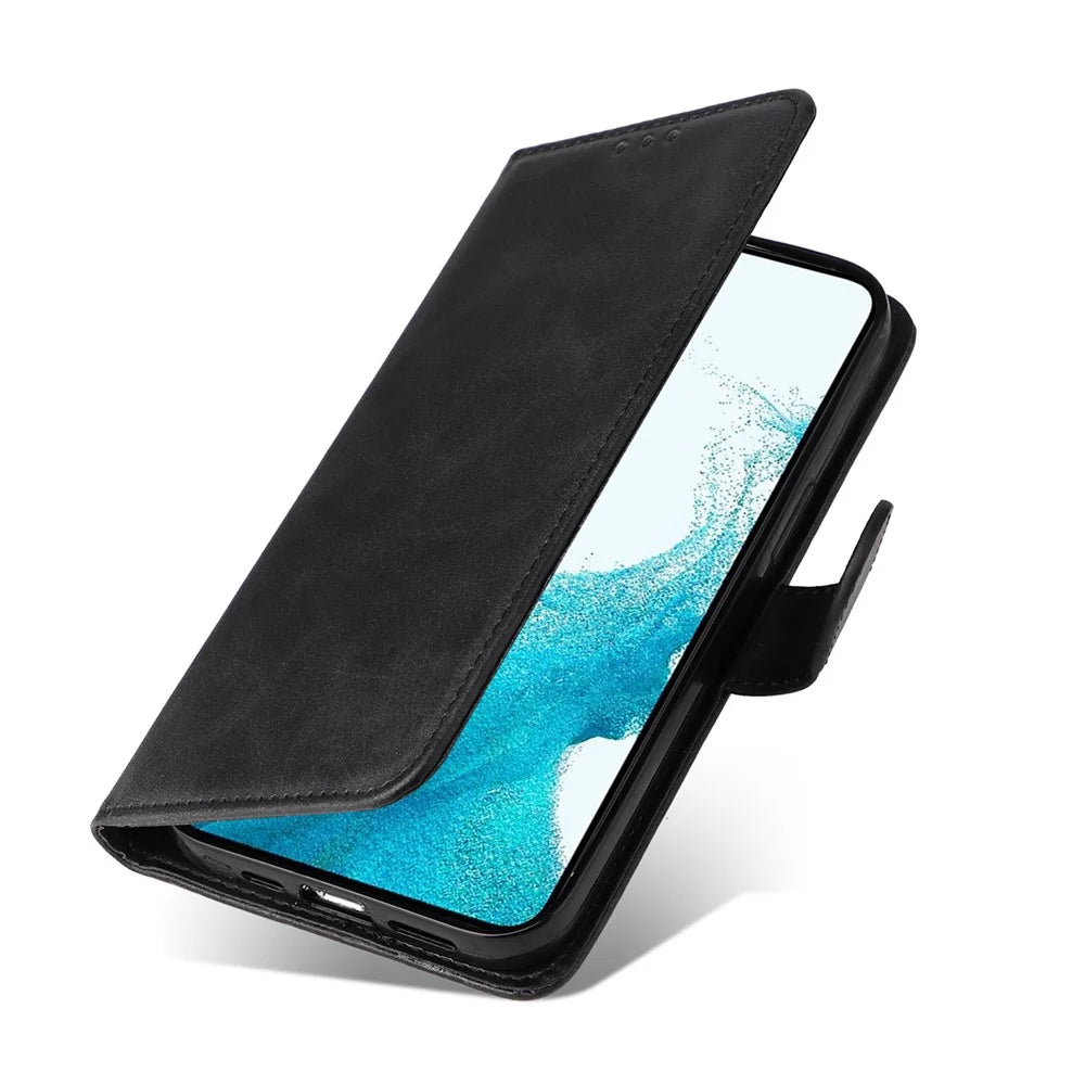 PU Leather Phone Case For Samsung Galaxy A34 5G Full Protection Calf Texture Magnetic Flip Wallet Stand Wear-resistant Phone Cover with Strap - Black - 5