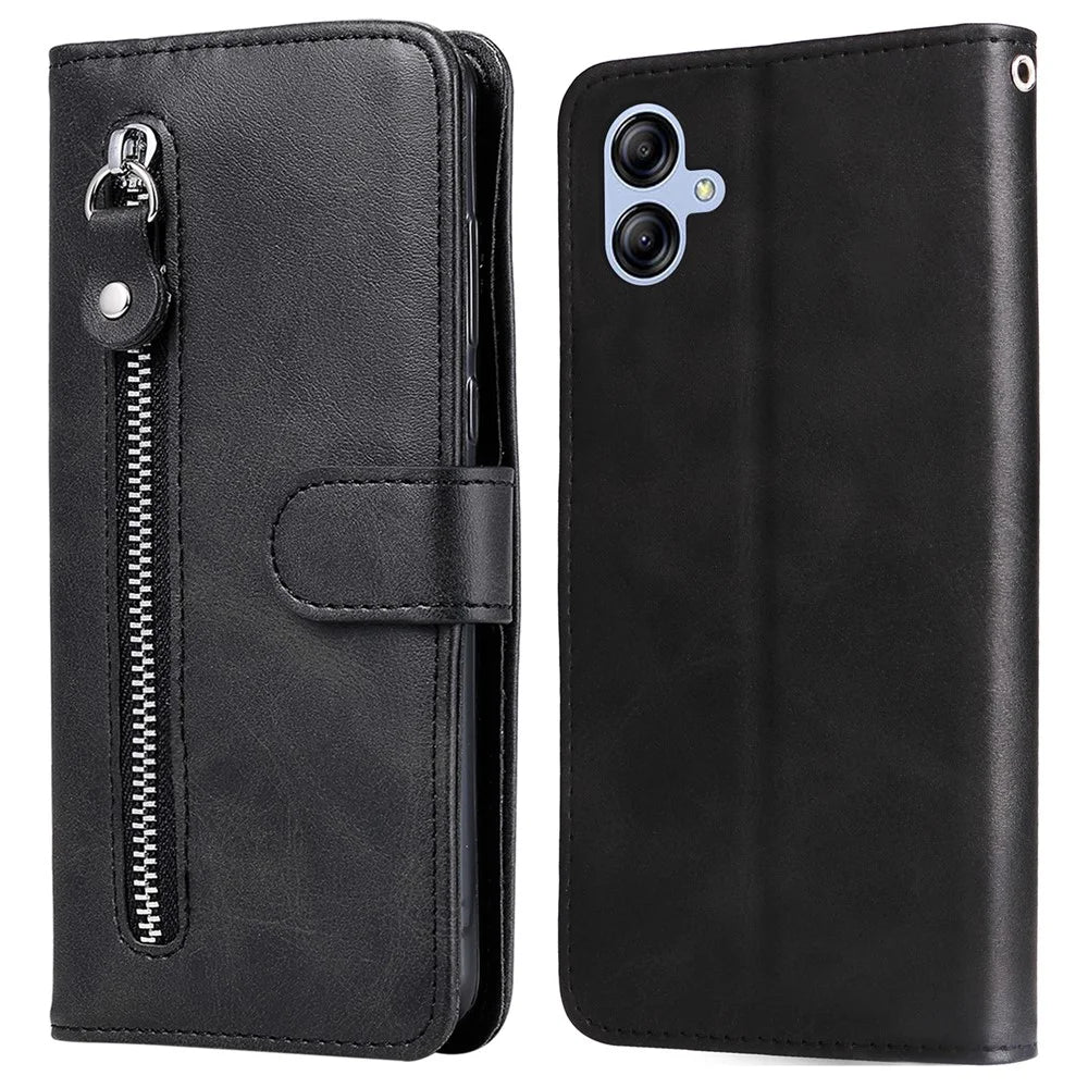 For Samsung Galaxy A04e 4G / F04 4G / M04 4G Calf Texture PU Leather Zipper Pocket Phone Case Stand Wallet Full Protection Cover - Black - 1