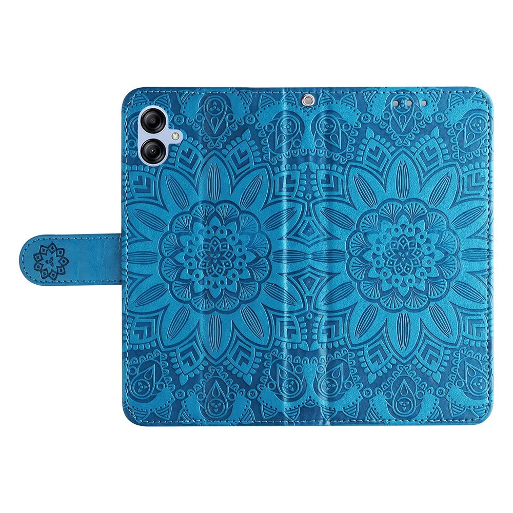 For Samsung Galaxy A04e 4G / F04 4G / M04 4G Anti-fading PU Leather Sunflower Imprinted Stand Phone Case Magnetic Closure Cover with Hand Strap - Blue - 6