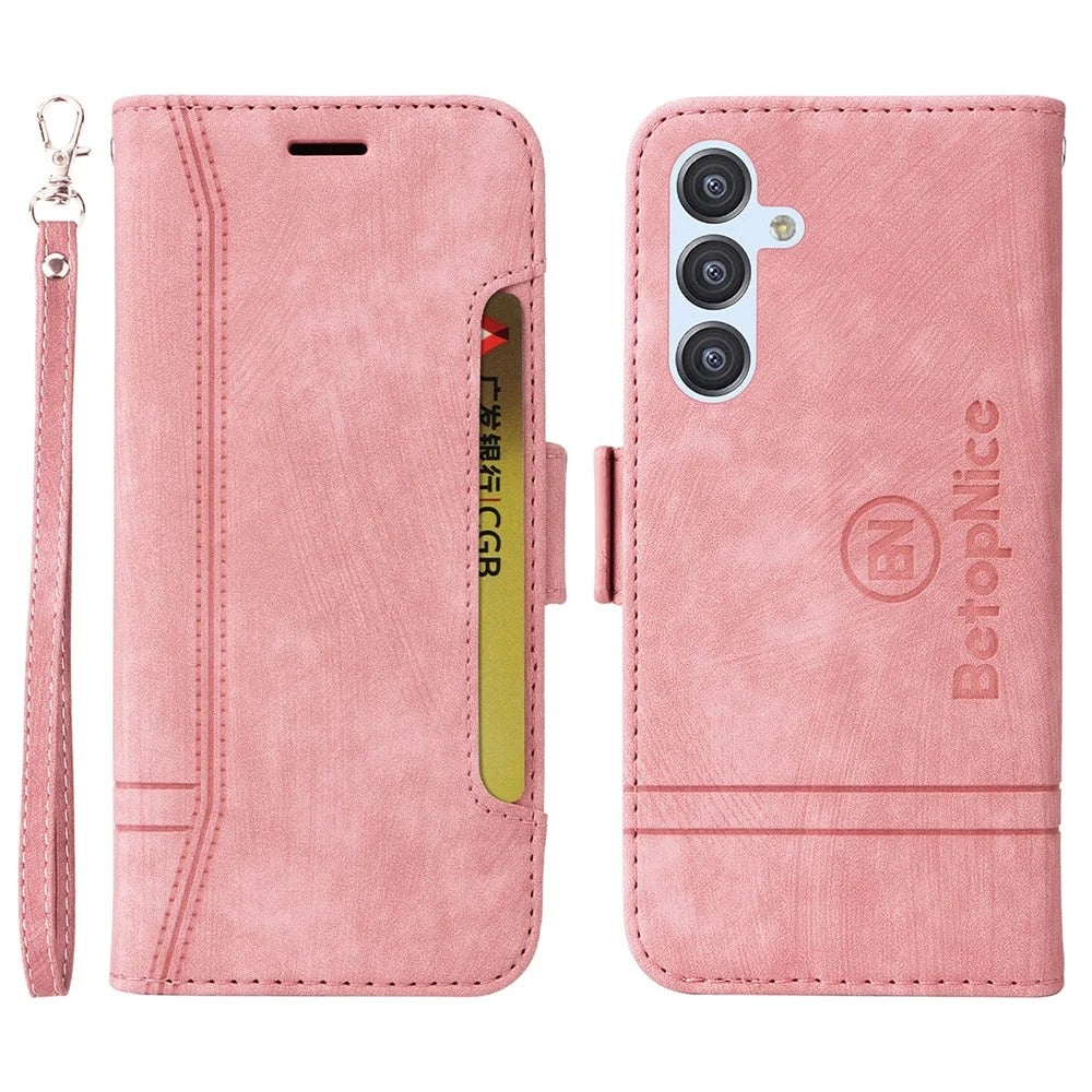 BETOPNICE 001 For Samsung Galaxy A54 5G PU Leather Case Drop Protection Imprinted Line Stitching Wallet Stand Cell Phone Cover - Pink - 1