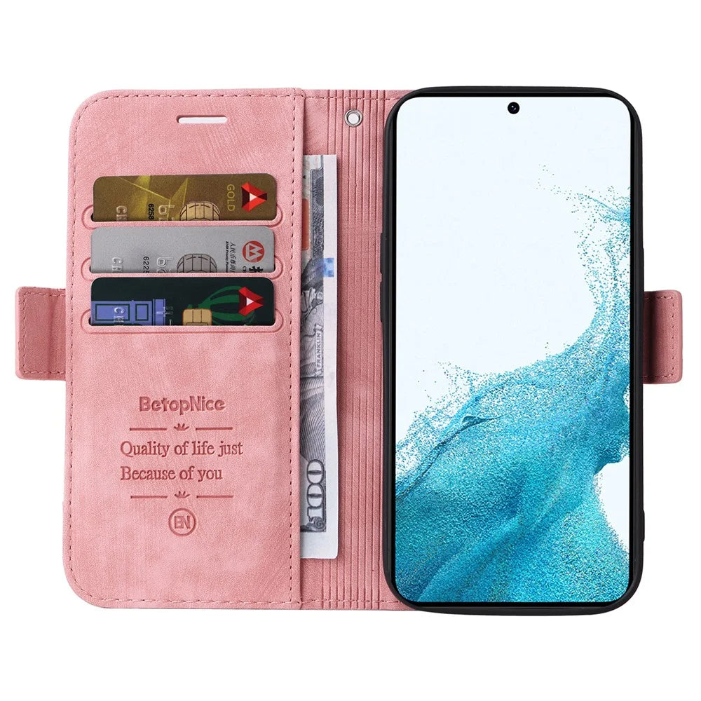 BETOPNICE 001 For Samsung Galaxy A54 5G PU Leather Case Drop Protection Imprinted Line Stitching Wallet Stand Cell Phone Cover - Pink - 2