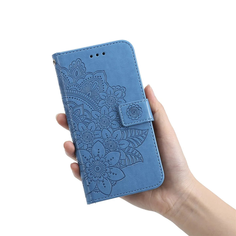 For Samsung Galaxy A04e 4G / F04 4G / M04 4G Case Floral Pattern PU Leather Wallet Stand Phone Cover - Blue - 6