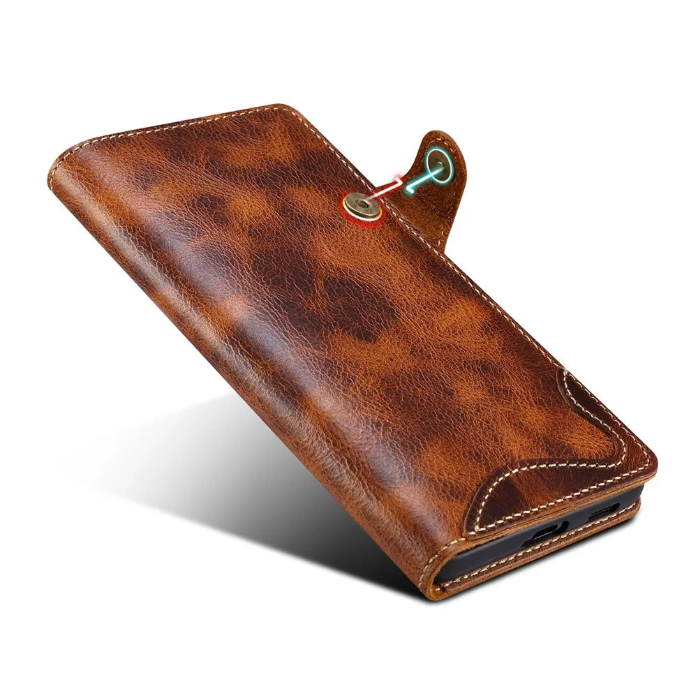 For Samsung Galaxy S23 Oil Wax Texture Magnetic Button Closure Phone Case Genuine Leather Wallet Cover with Strap - Brown - 3