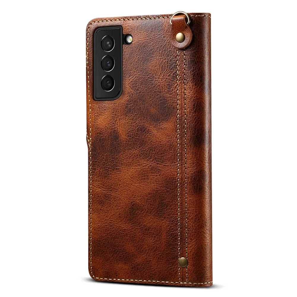 For Samsung Galaxy S23 Oil Wax Texture Magnetic Button Closure Phone Case Genuine Leather Wallet Cover with Strap - Brown - 5