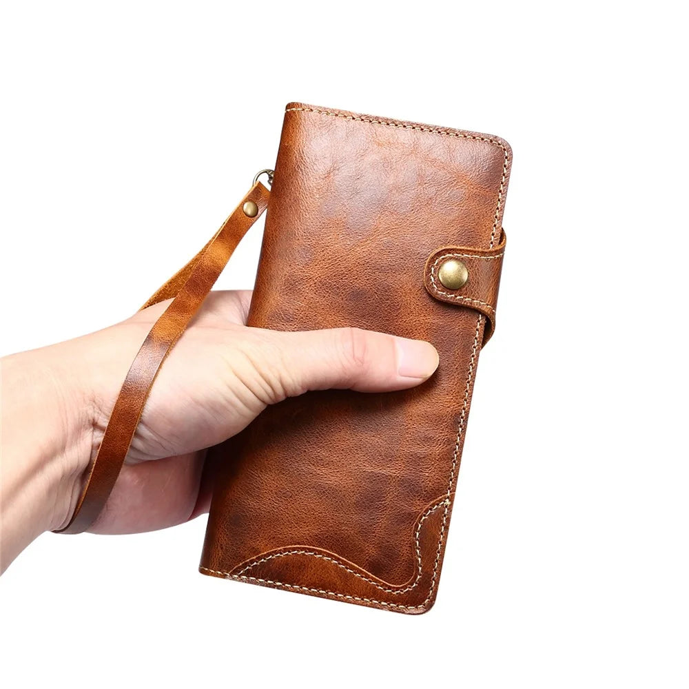 For Samsung Galaxy S23 Oil Wax Texture Magnetic Button Closure Phone Case Genuine Leather Wallet Cover with Strap - Brown - 6
