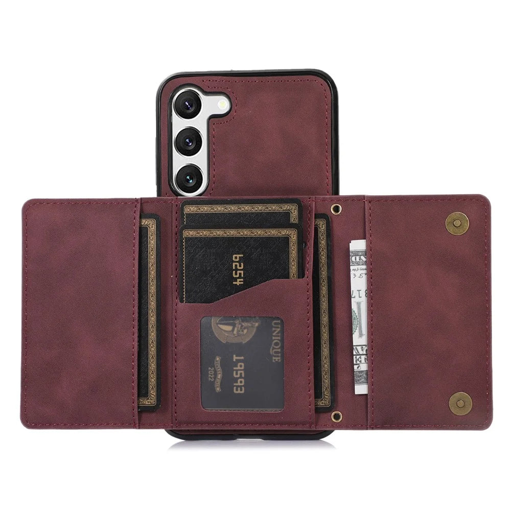 For Samsung Galaxy S23+ PU Leather Coated TPU Case Tri-fold Wallet Kickstand Protective Phone Cover - Wine Red - 2
