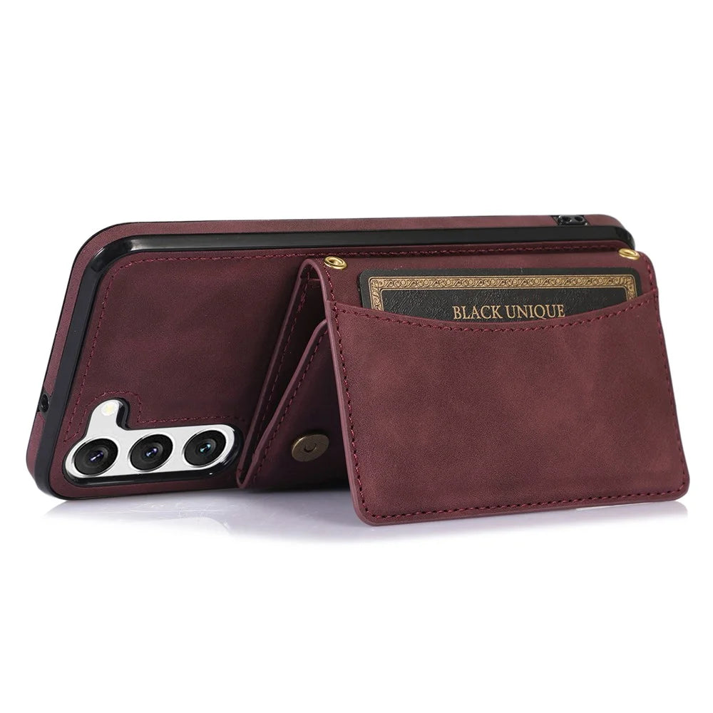 For Samsung Galaxy S23+ PU Leather Coated TPU Case Tri-fold Wallet Kickstand Protective Phone Cover - Wine Red - 3