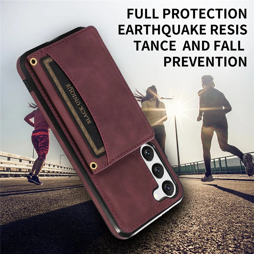 For Samsung Galaxy S23+ PU Leather Coated TPU Case Tri-fold Wallet Kickstand Protective Phone Cover - Wine Red - 6