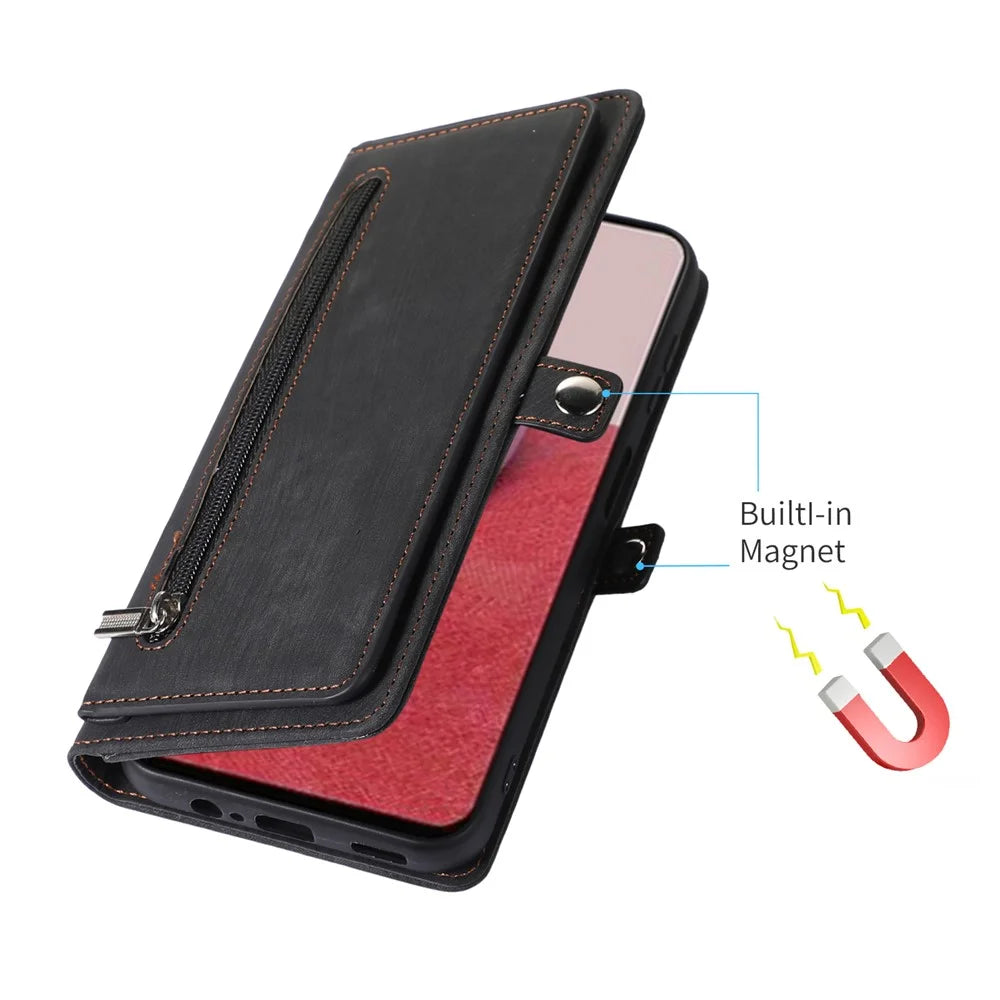 For Samsung Galaxy A14 5G / A14 4G Zipper Pocket 9 Card Slots PU Leather Case Phone Stand Wallet Cover with Wrist Strap - Black - 5
