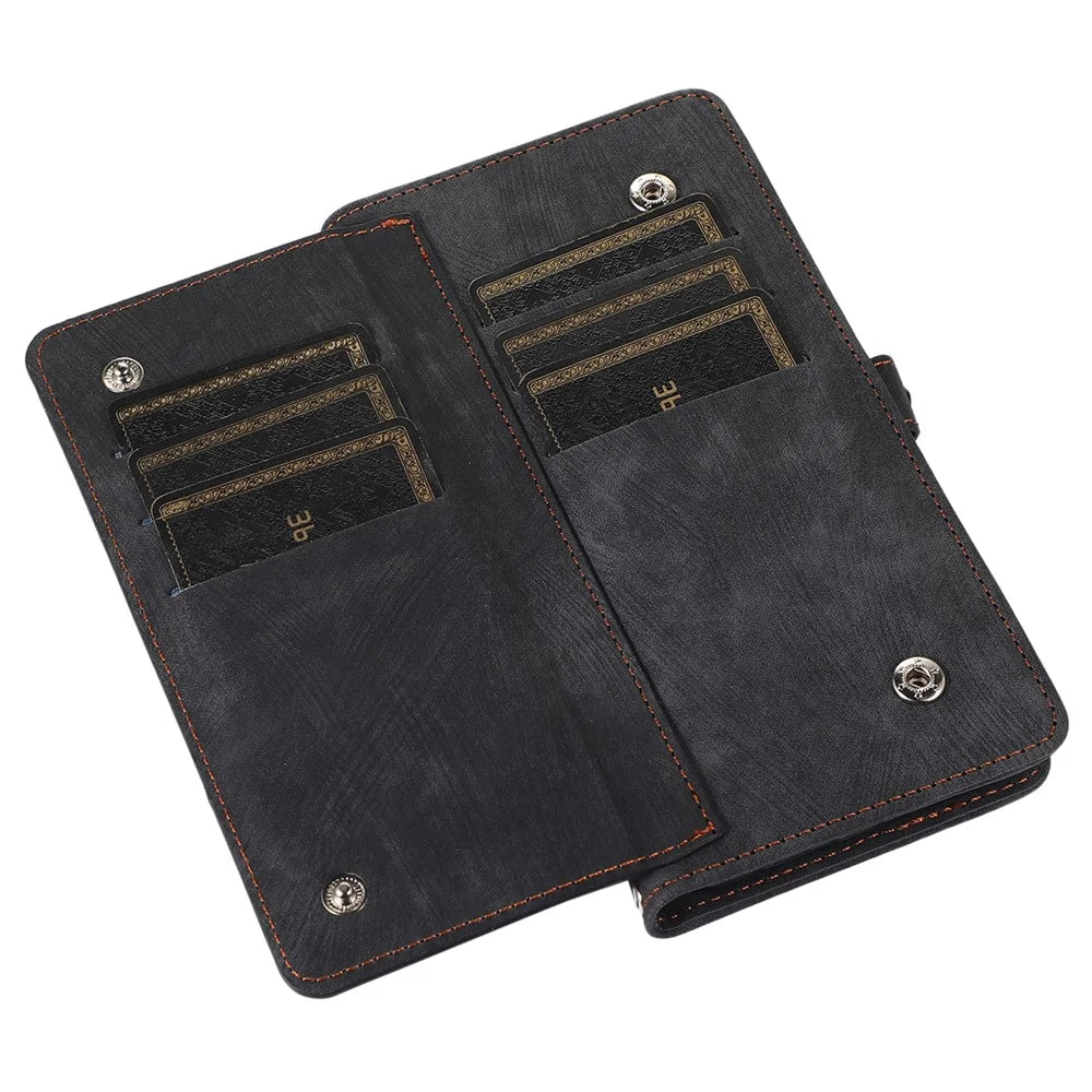 For Samsung Galaxy A14 5G / A14 4G Zipper Pocket 9 Card Slots PU Leather Case Phone Stand Wallet Cover with Wrist Strap - Black - 6