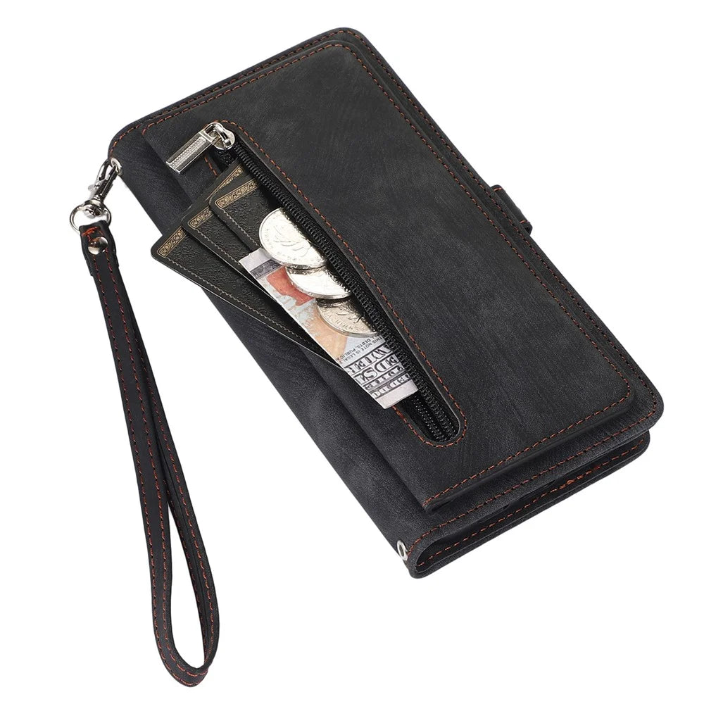 For Samsung Galaxy S23 Zipper Pocket Wallet 9 Card Slots Multifunctional Phone Case PU Leather Stand Phone Cover with Wrist Strap - Black - 7
