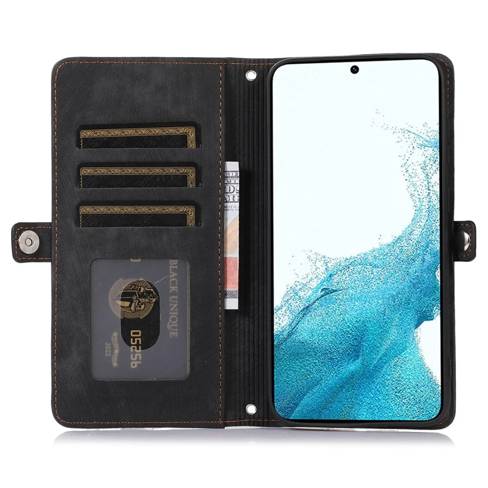 For Samsung Galaxy S23+ Zipper Pocket Wallet Magnetic Clasp Case 9 Card Slots Stand PU Leather Phone Cover with Wrist Strap - Black - 2